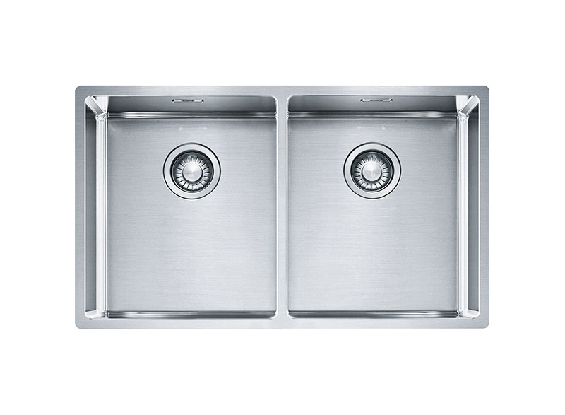 This Bolero double bowl sink adds contemporary flair to any kitchen with its subtle shine