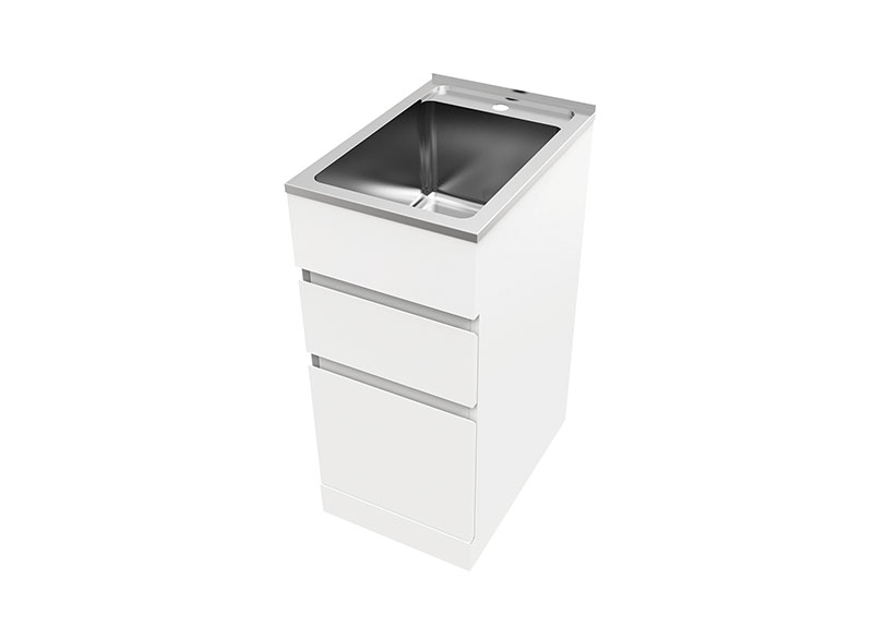 The Nugleam 35L Drawer System Laundry Unit is a redesign of the traditional laundry unit. Featuring two soft close drawers with finger pull functionality and ample storage