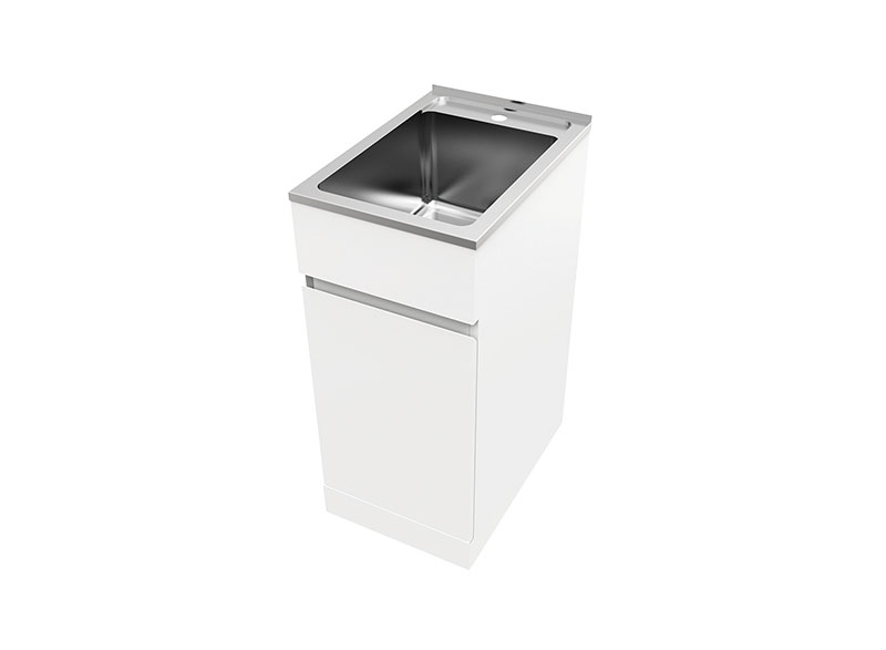 The Nugleam 35L Soft Close Laundry Unit is a redesign of the traditional laundry unit. Featuring a reversible soft close door with finger pull functionality and a full overlay design to modernise your laundry space.