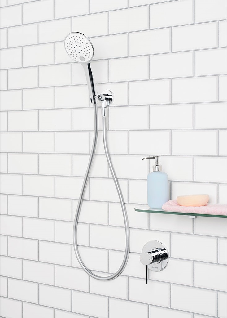 slim-line design is complemented with a highlight of either a black or white on the showerhead