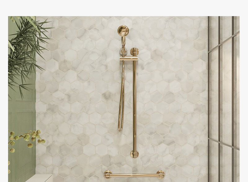 Avail?s Glance bathroom grab rail with shower set has a carefully refined shape and gentle arcs ensuring the design will seamlessly fit with leading traditional and heritage tapware.